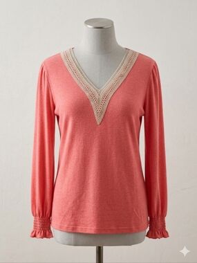 Coral Lace-Trim V-Neck Long Sleeve Top
